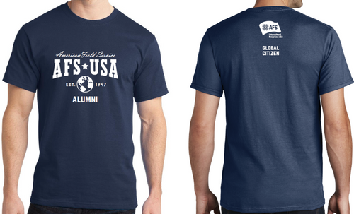 Navy blue t-shirt with AFS USA branding on the front and back