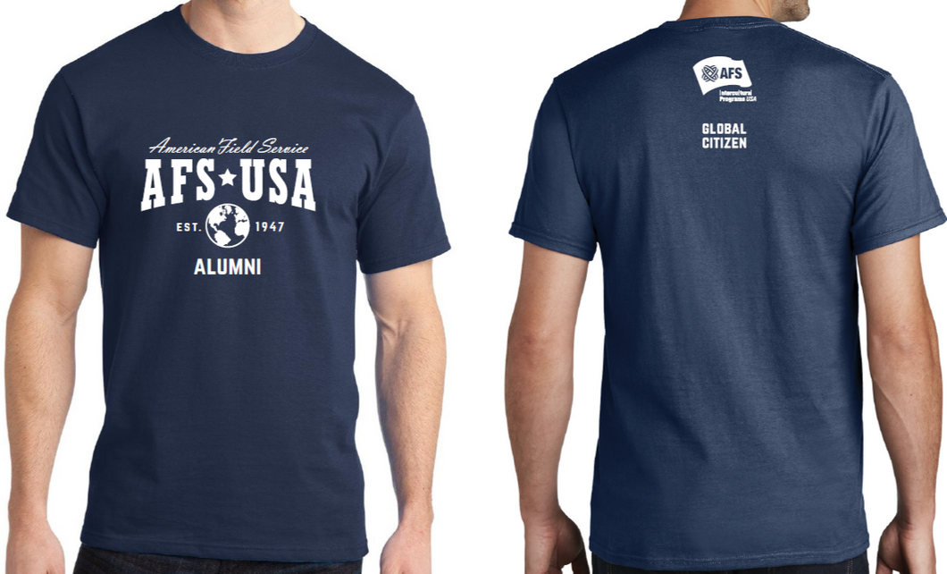 Navy blue t-shirt with AFS USA branding on the front and back